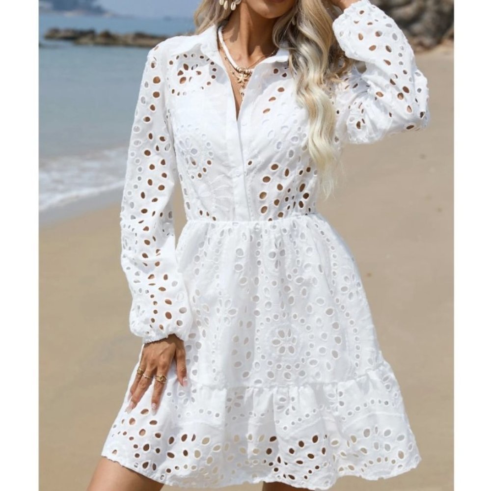 Shabby Chic Eyelet Embroidery Ruffle Hem Long sleeved Shirt Dress - white - Picture 2 of 5
